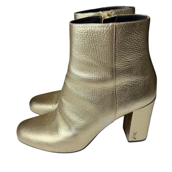 Saint Laurent Lou Gold Metallic Leather Ankle Boots Block Heel EU 38.5 US 8.5 - Picture 4 of 13